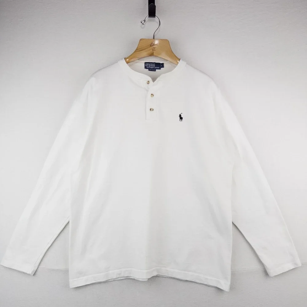 80's Vtg Polo Ralph Lauren Henley Shirt Men's L White Long Sleeve Made In USA